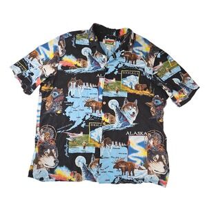 Banana Jack Honolulu Alaska Wolf Map Shirt Mens 2XL Vintage Y2K 90s Black Rayon